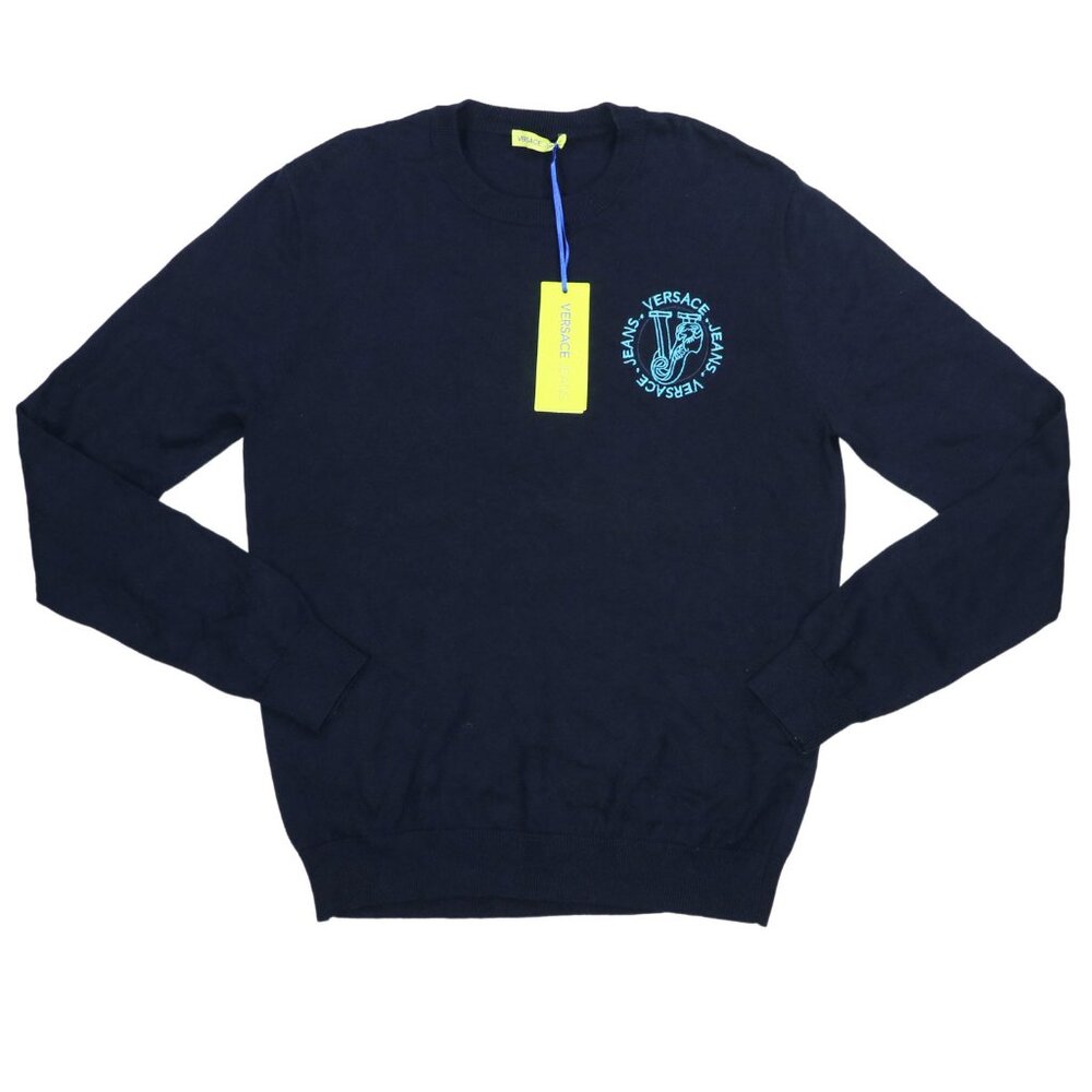 Versace Jeans 100% Cotton Crew Neck Embroidered Logo Pullover Sweater S NWT Navy